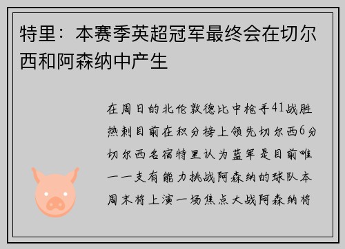 特里：本赛季英超冠军最终会在切尔西和阿森纳中产生